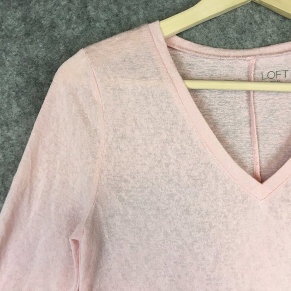 LOFT Sweater XS Solid Pink V Neck Slub Knit Semi Sheer Career Casual 7/8 Sleeve - Picture 2 of 11